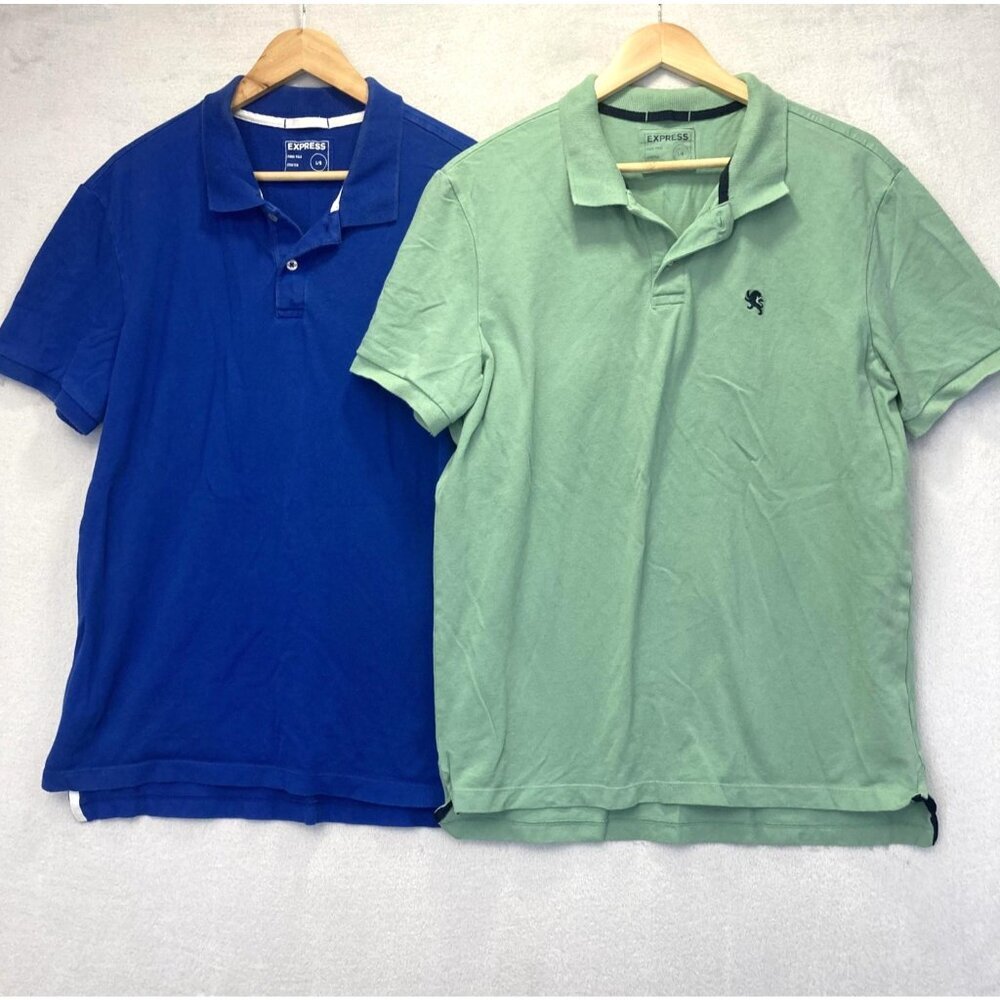 Lot of 2 Express Pique Polo Shirt Stretch Mens Large Blue Green Casual Golf